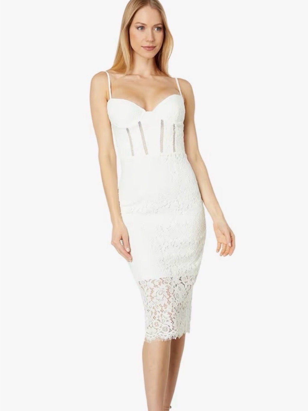 Bardot Brielle White Lace Midi Bodycon Dress With Sheer Lace